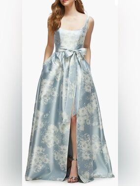 NEW Dessy Collection Seraphina blue Floral Satin Twill Gown Sz 8